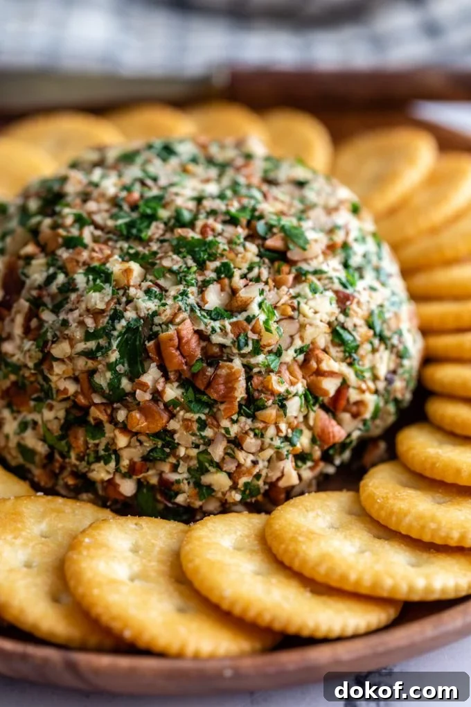 vegan cheeseball covered in chopped pecans and served with Ritz crackers