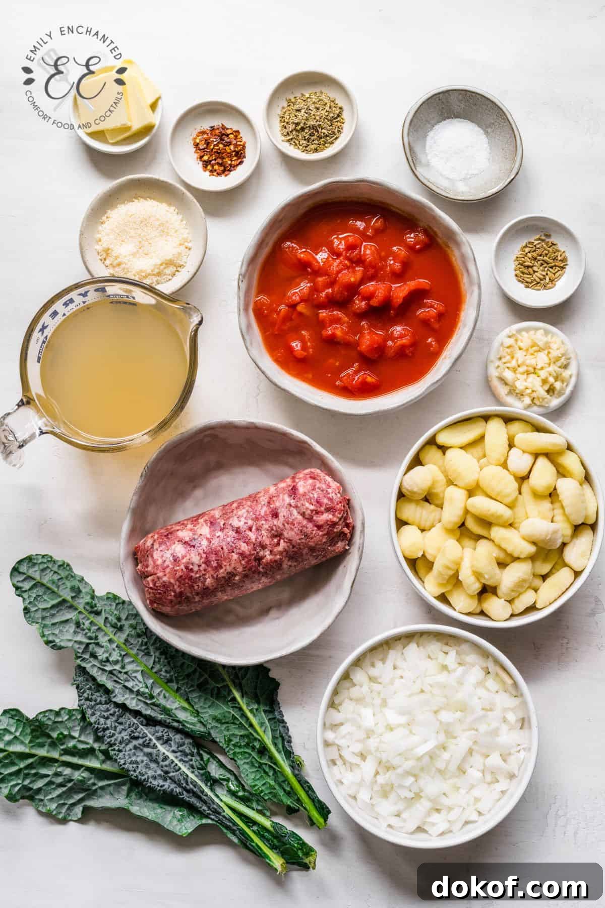 Hearty Italian Sausage Gnocchi Soup Recipe 2 Sausage Gnocchi Soup Ingredients in bowls in a flay lay view