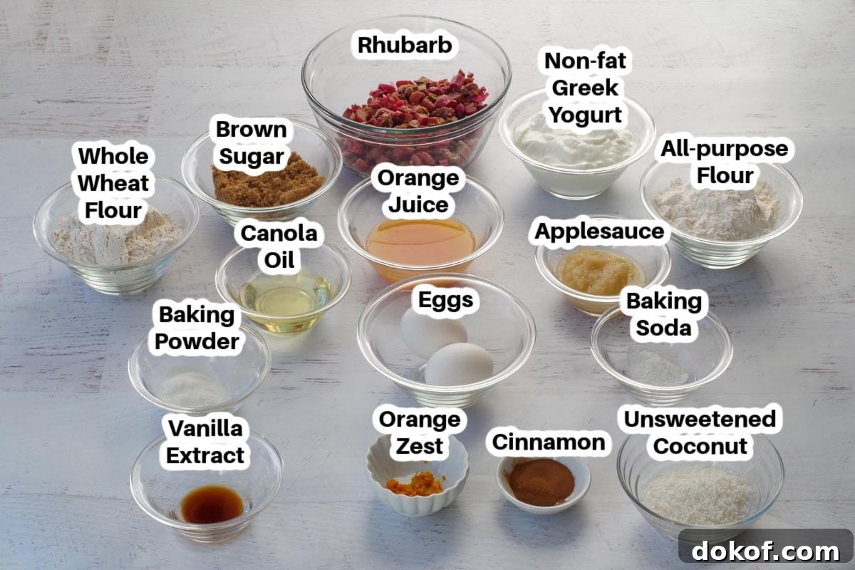ingredients in rhubarb bread in glass dishes, labelled
