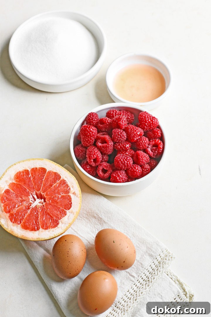 fresh raspberries, grapefruit juice, sugar, and eggs to make a raspberry curd recipe