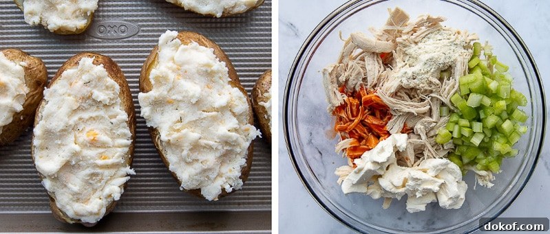 images showing how to fill baked potatoes with buffalo chicken topping