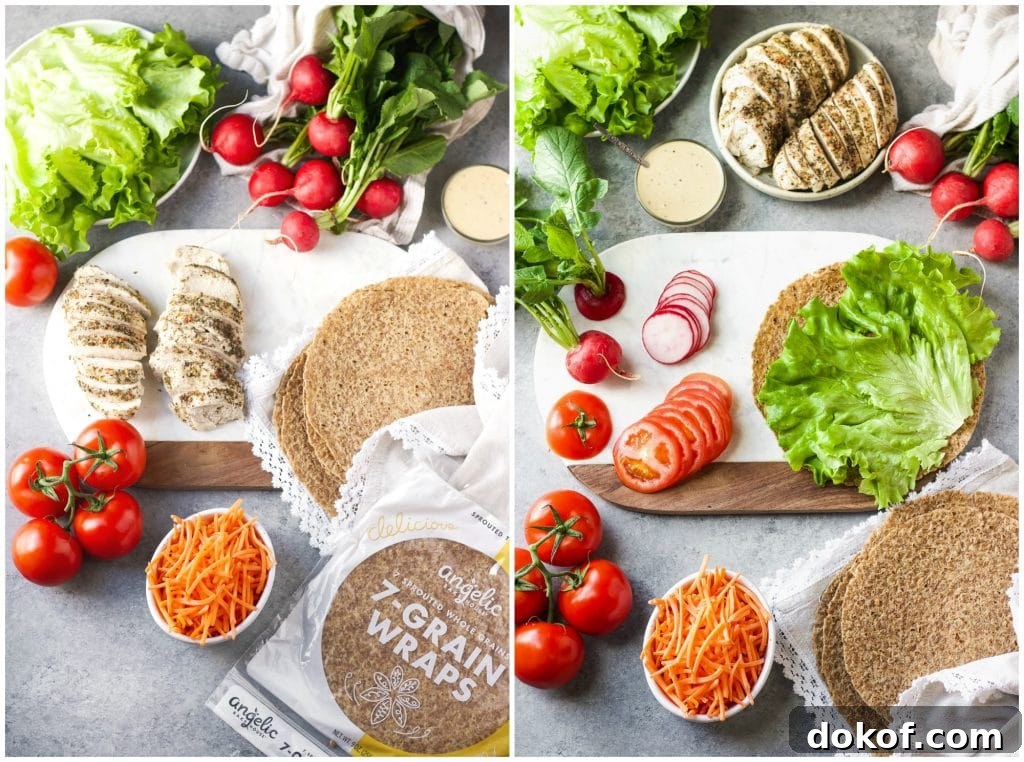 Chicken Caesar Wrap Recipe: Quick Protein-Packed Lunch 3 Healthy 7 grain wraps, cheese, tomatoes, lettuce, chicken, radishes and Caesar dressing for the wraps.