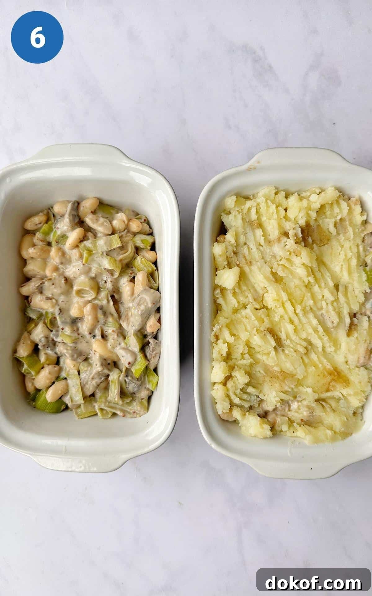 Vegan Mushroom Pie in two separate baking dishes, one topped with mashed potato ready for the oven.