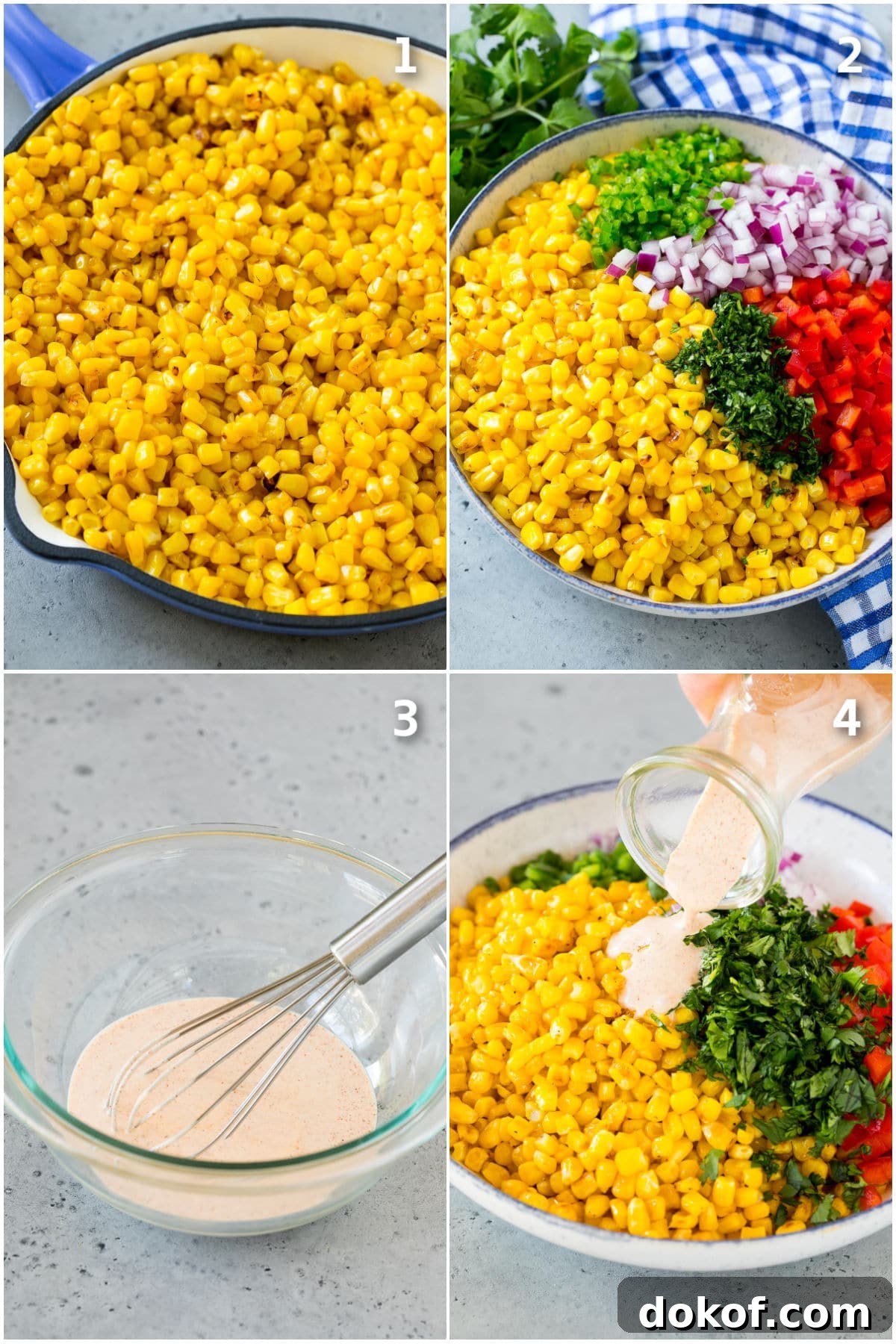Step by step shots showing how to make Mexican corn salad.