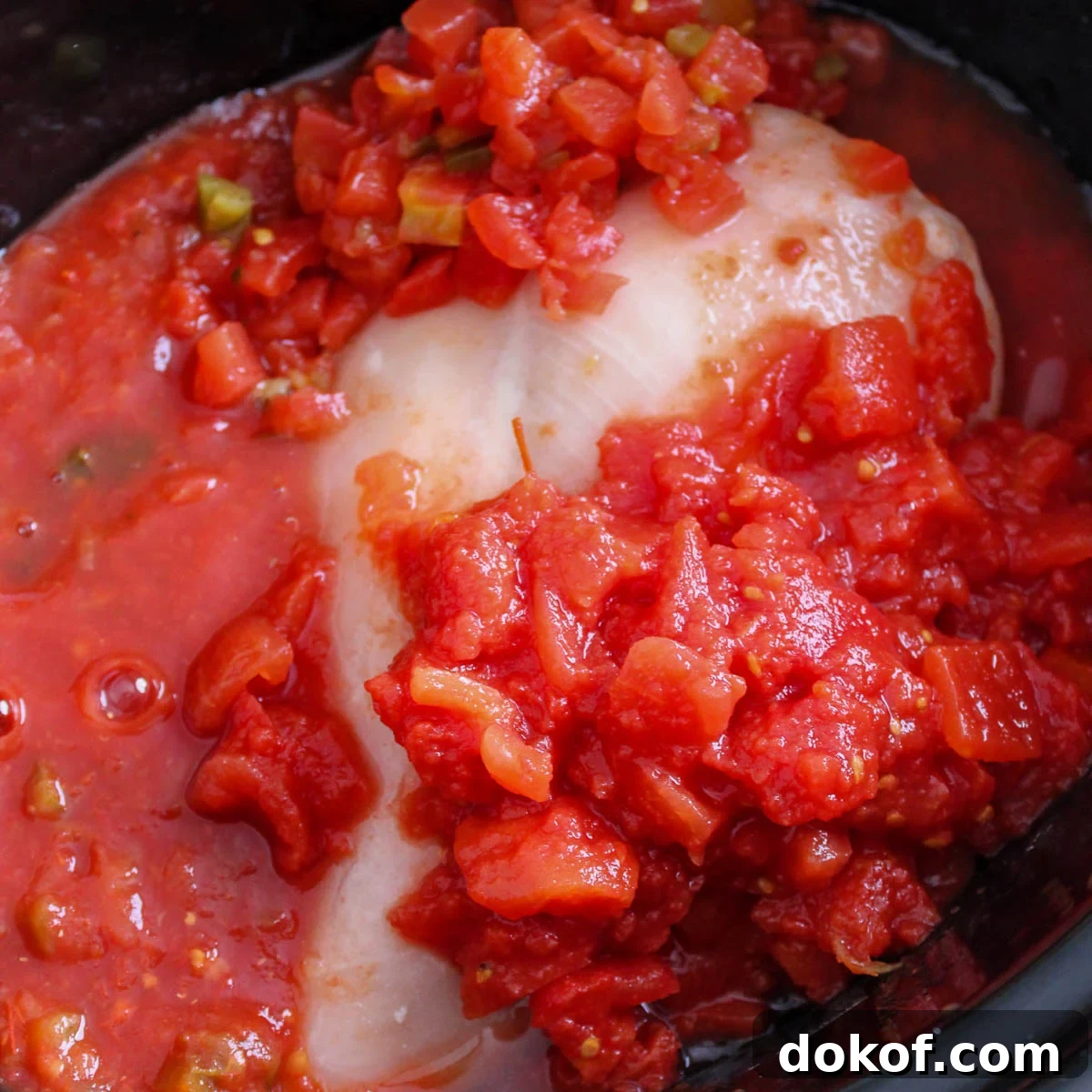 Salsa, rotel, and diced tomatoes added with the chicken. 