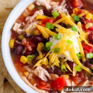 Garnished chicken taco soup in a bowl.
