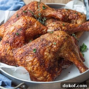 Smoked chicken leg quarters on a tray.