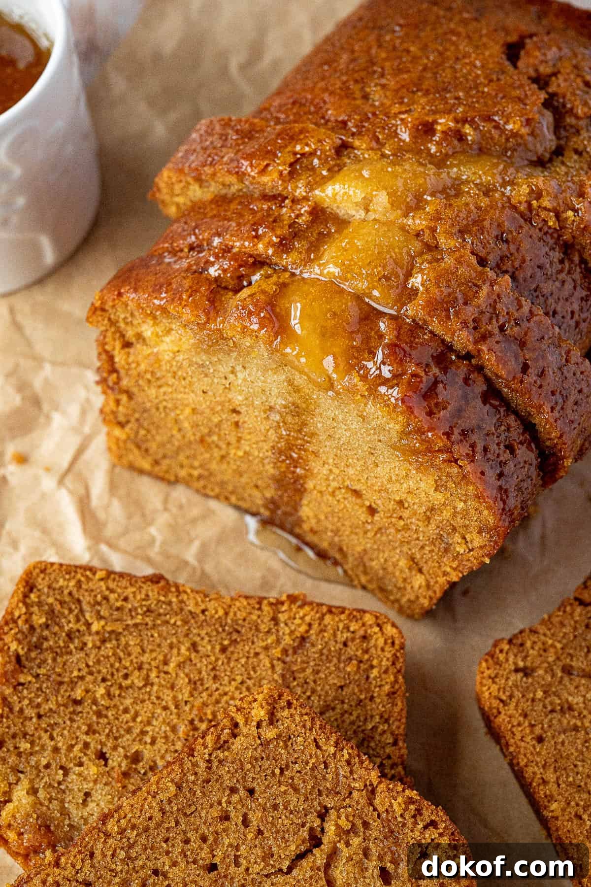 Moist Vegan Golden Syrup Cake Recipe with Sticky Glaze 3 Close up of slices of vegan golden syrup cake.
