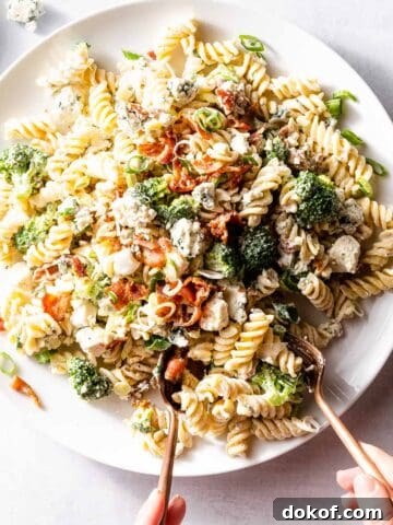 bacon blue cheese pasta salad on platter