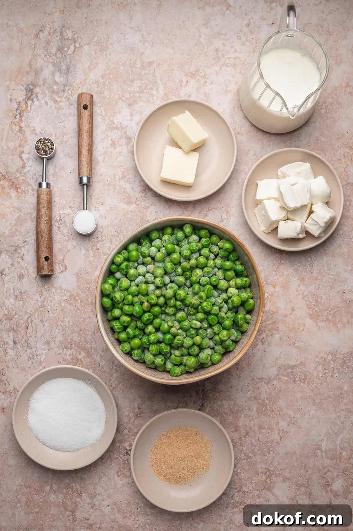 Overhead view of ingredients to make creamed peas