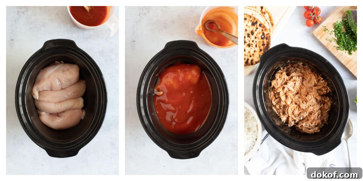 BBQ pulled chicken in a slow cooker.