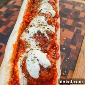 Smoked Meatball Sub assembled and ready to serve.