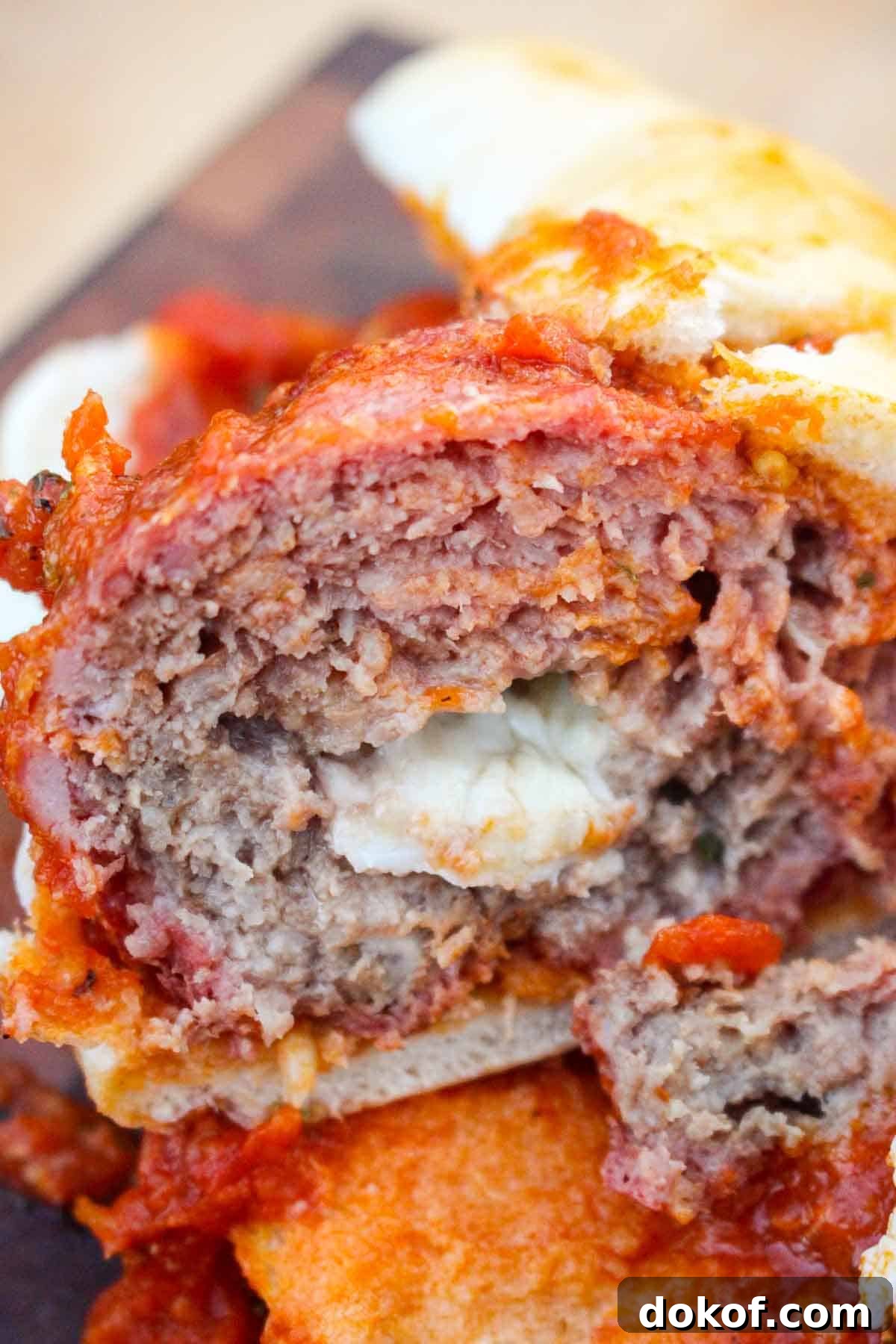 A shot of a sliced meatball with cheese oozing out.