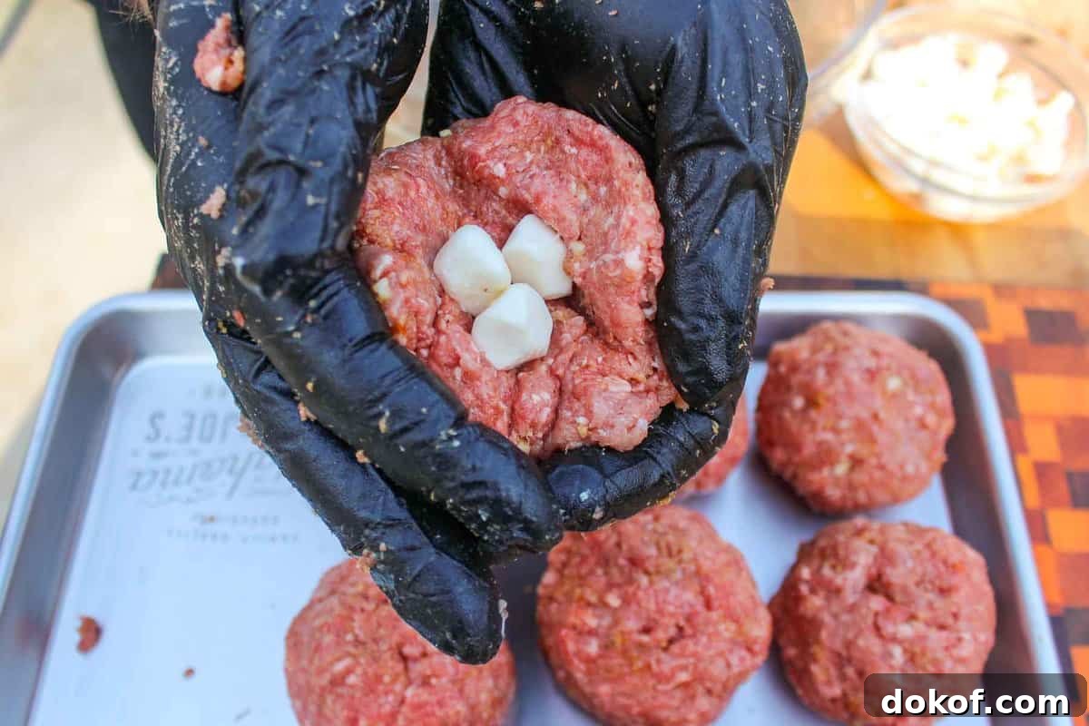 Adding the mozzarella pearls into the middle of the meatballs.