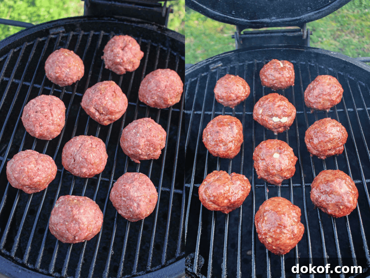 The raw and then smoked meatballs sitting on the smoker.