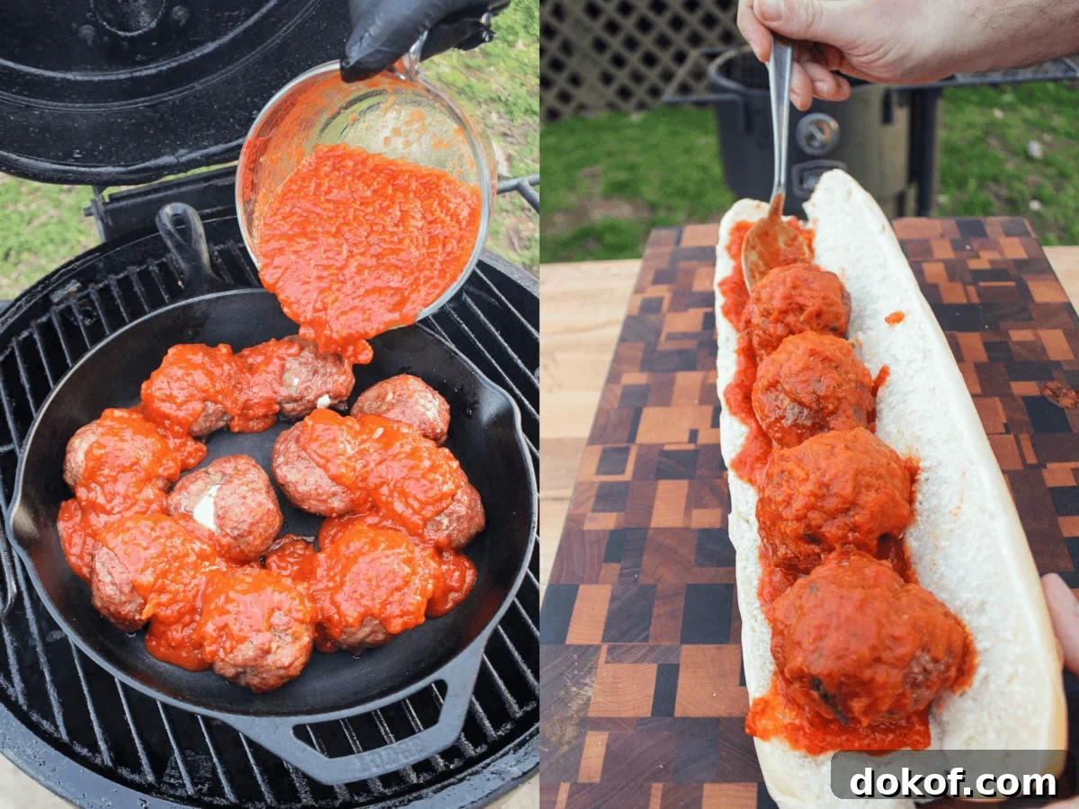 Adding the meatballs to a cast iron pan with marinara and then moving them over to the sub once cooked.