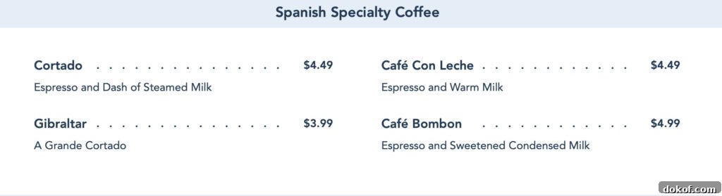 Spanish Specialty Coffee menu.