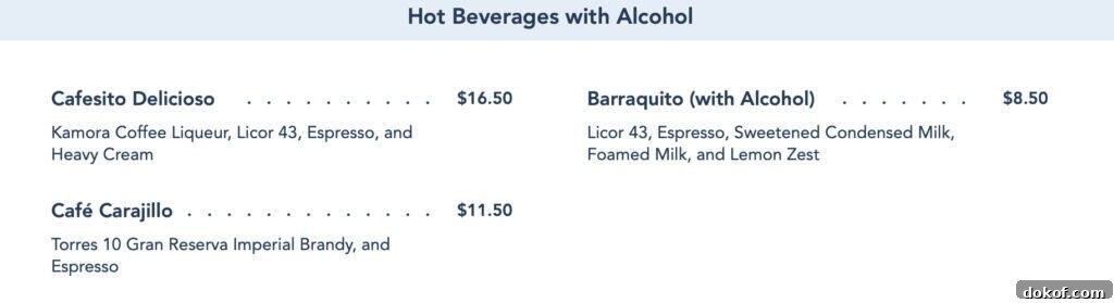 Hot Beverage with Alcohol menu.