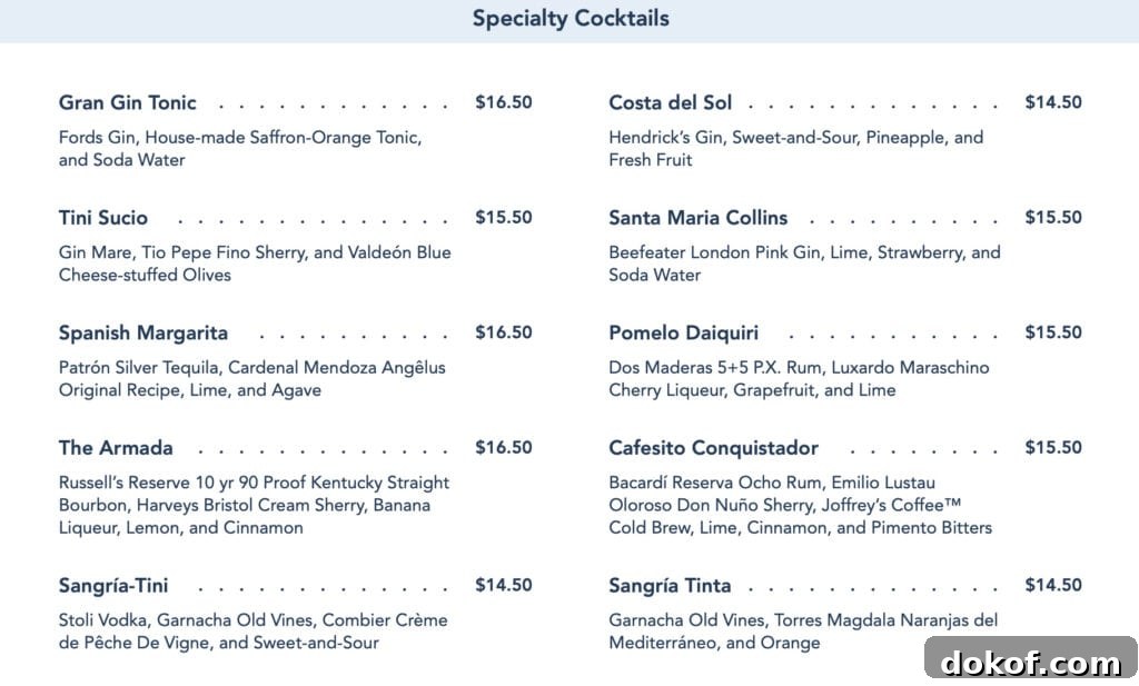 Specialty Cocktail menu.