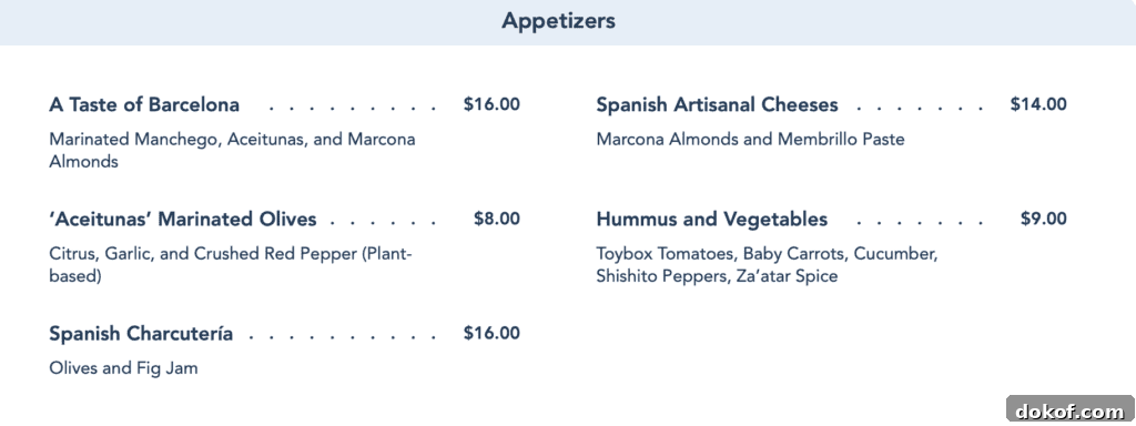 afternoon and evening Barcelona Lounge appetizers menu.