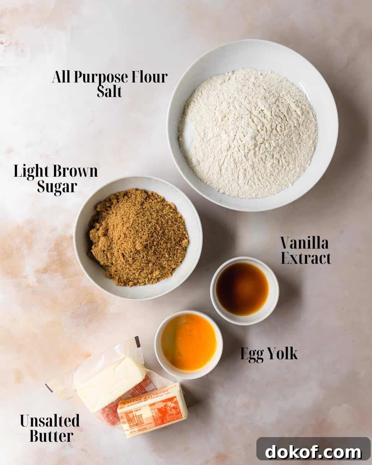 Sugar Cookie Base: all purpose flour, salt, butter, light brown sugar, an egg yolk and vanilla extract.