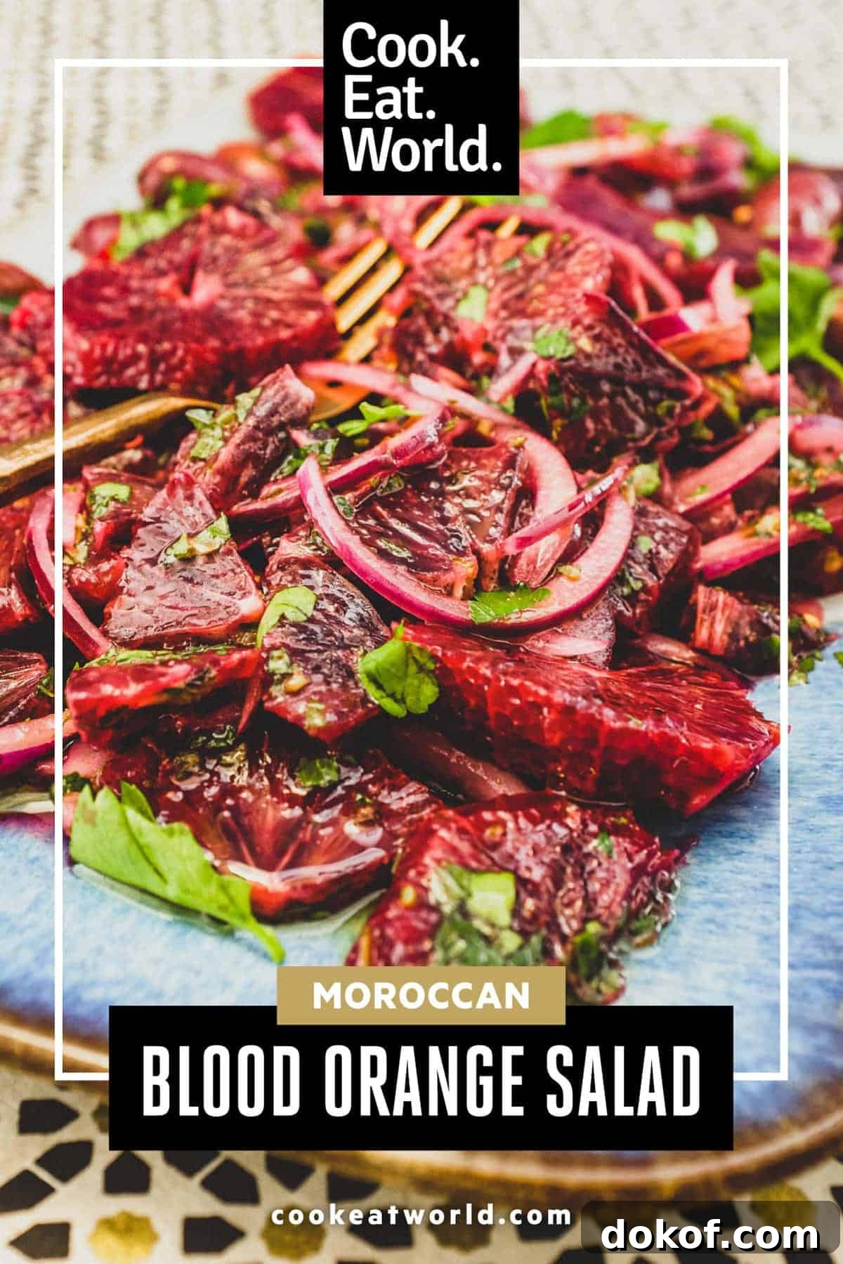 Moroccan Blood Orange Salad | cookeatworld.com A platter of blood orange salad with black olives, onion and herbs