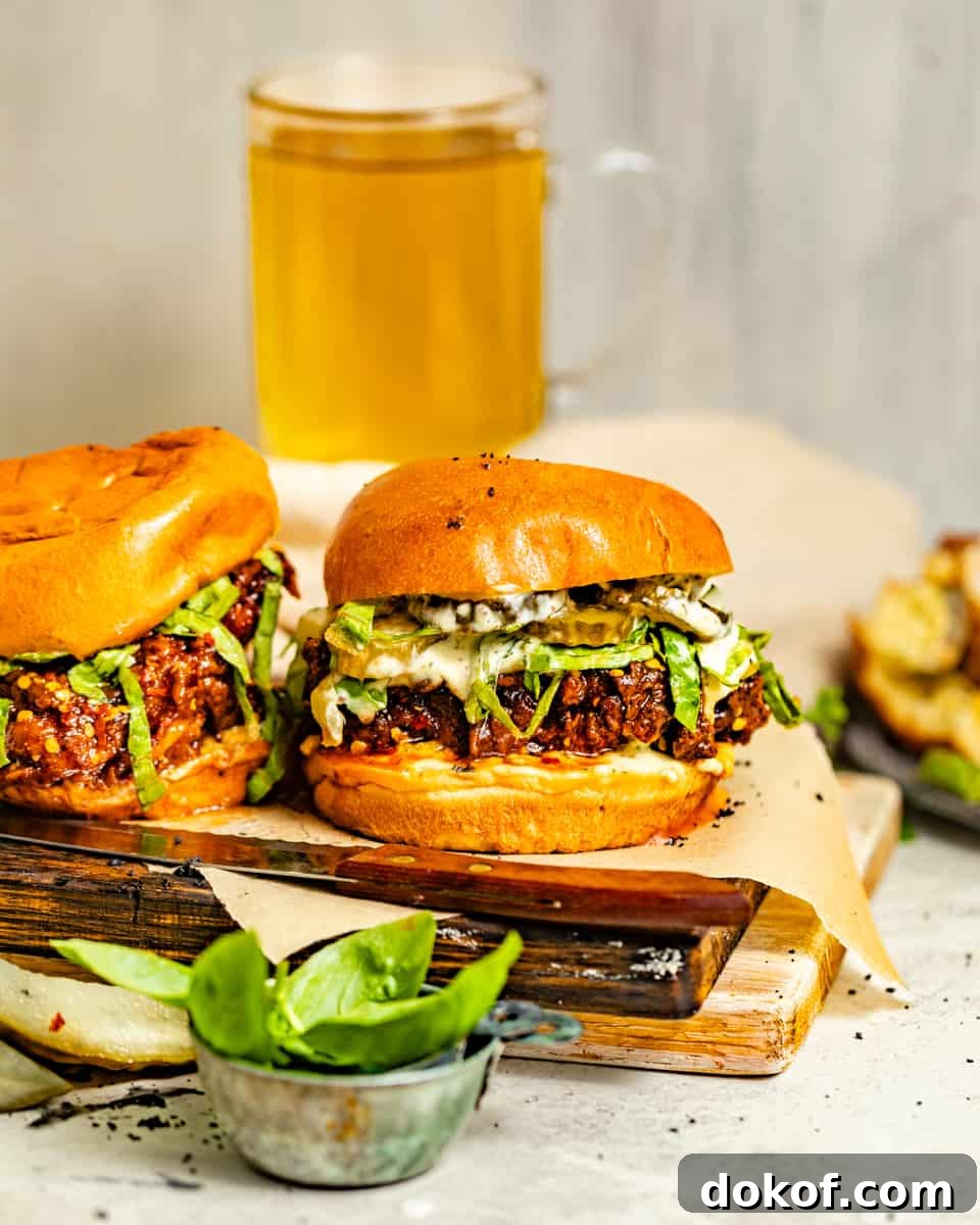 two fried chicken sandwiches on a serving board with a mug behind them.