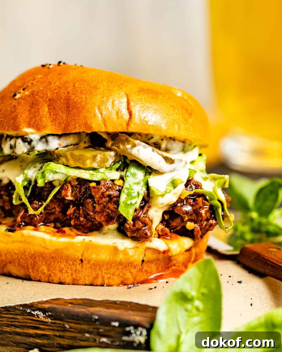 up close photo of fried chicken sandwich on a plate with shredded lettuce and pickles.