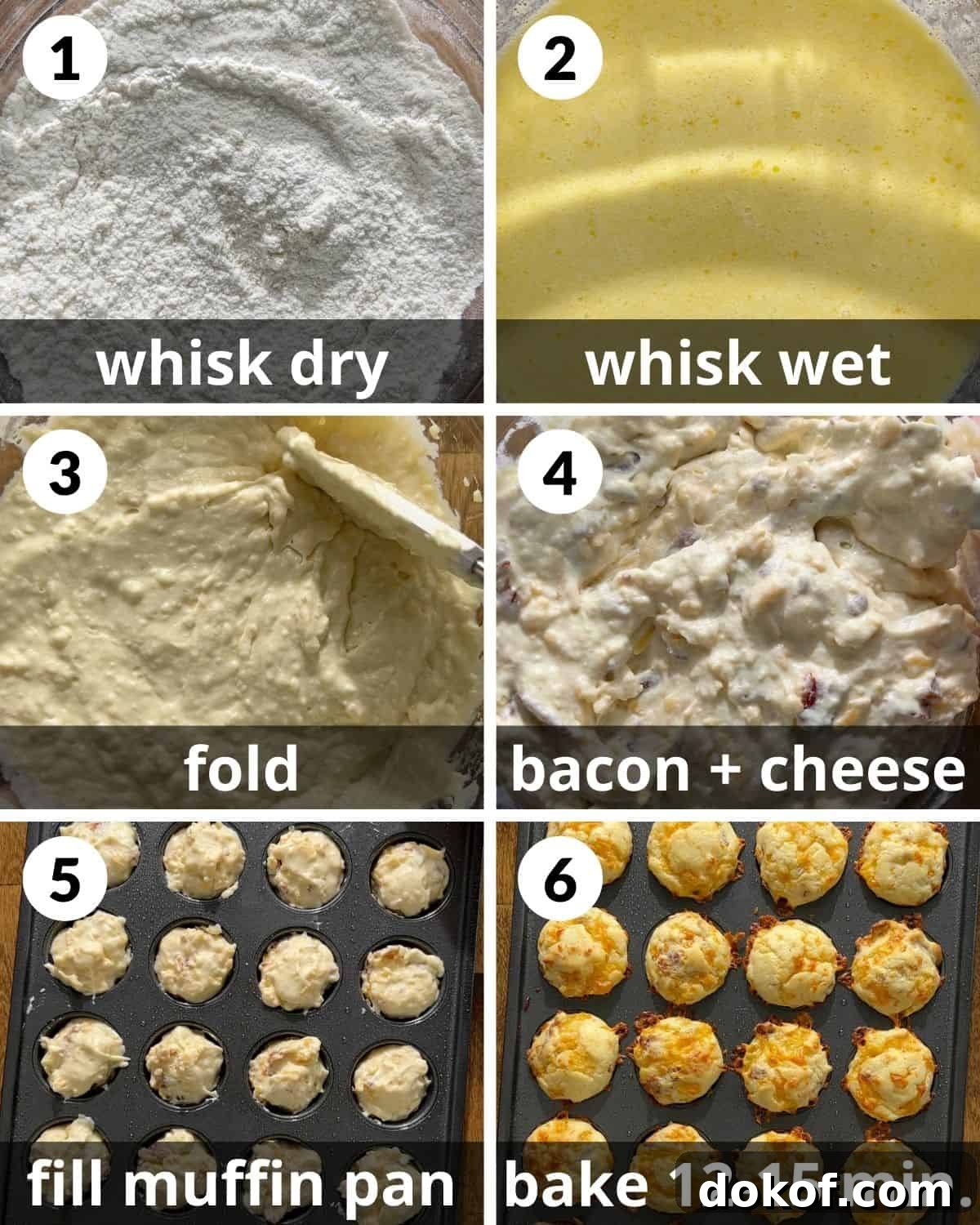 A 6 photo collage showing the assembly of bacon and cheddar cheese muffins.