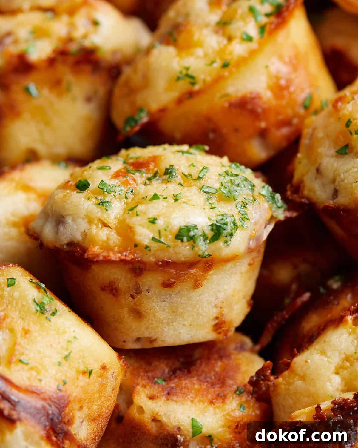 Up close image of bacon and cheddar cheese muffin with garnish.