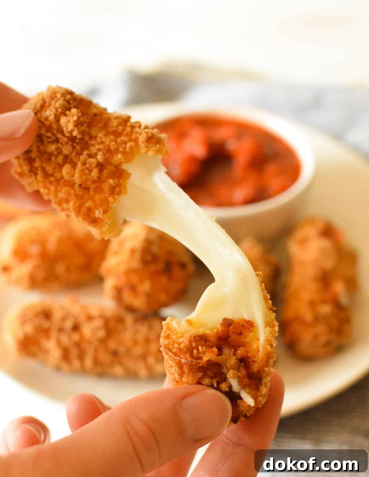 hand holding gluten free mozzarella stick