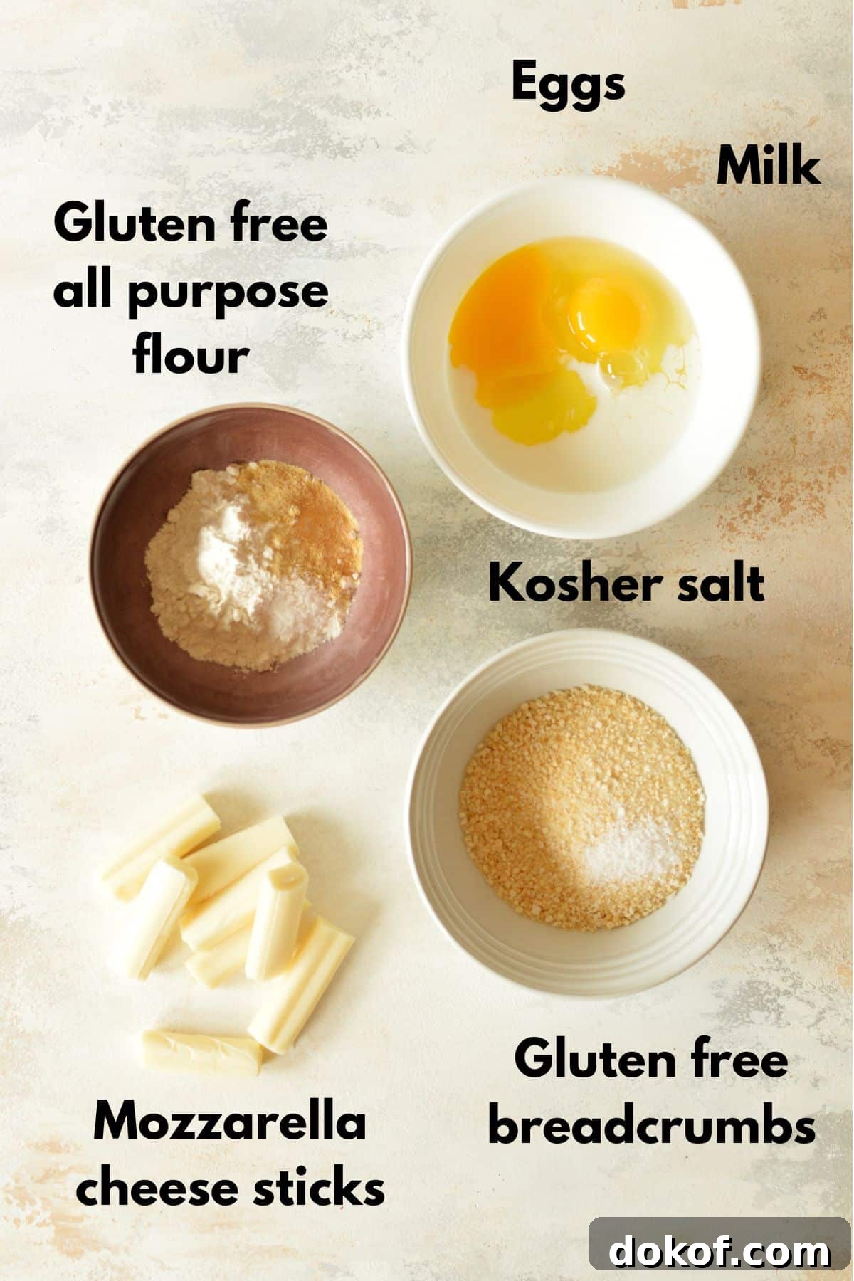 eggs, milk, gluten free breadcrumbs, gluten free flour, mozzarella sticks