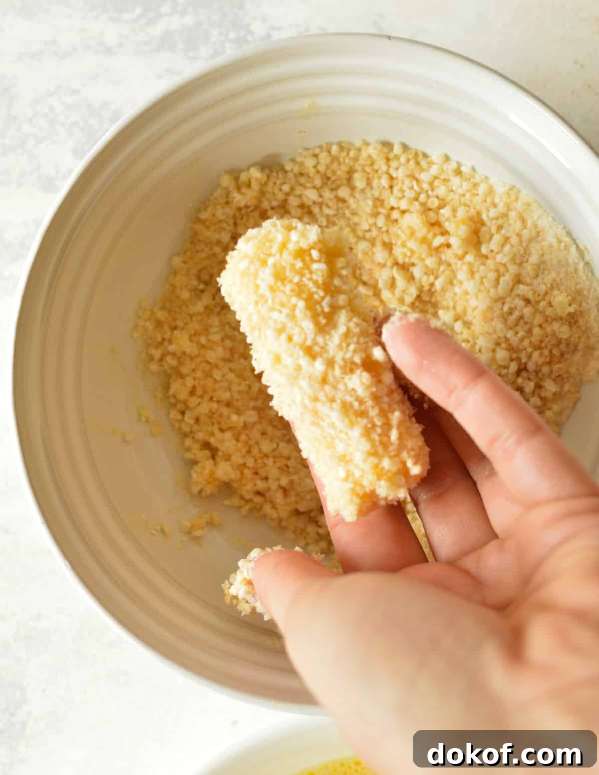 hand holding a cheese stick coated in gluten free breadcrumbs