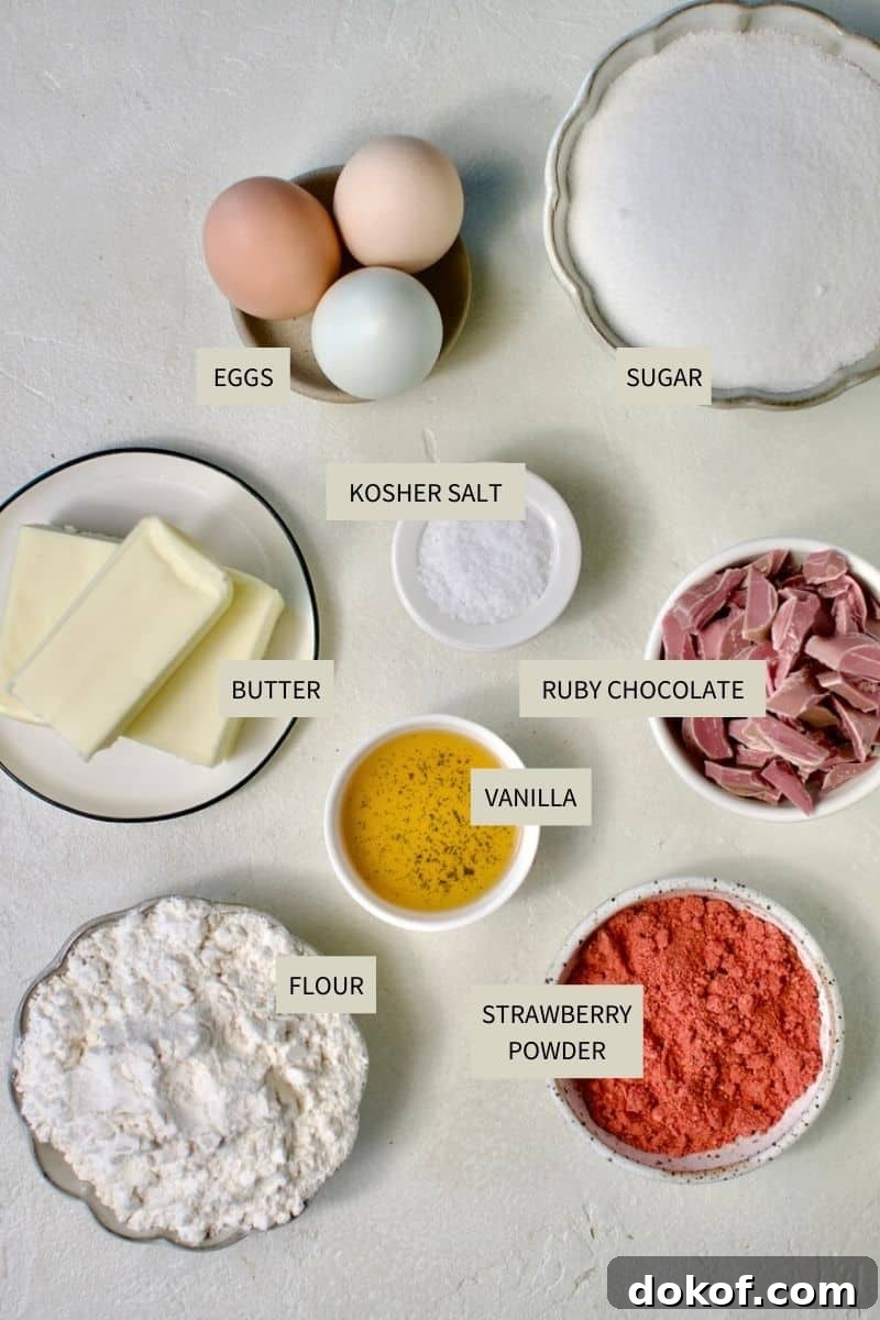 Ingredients needed to make Ruby Chocolate Brownies.