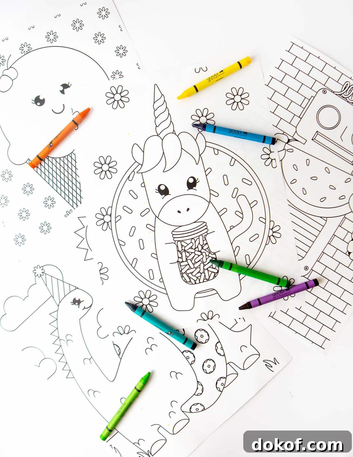 4 summer printable coloring pages for kids - unicorn, ice cream, robot, and dinosaur!