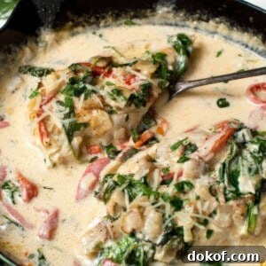 Close up of creamy chicken with bacon, spinach, roasted red peppers, and parmesan in a rich garlic sauce