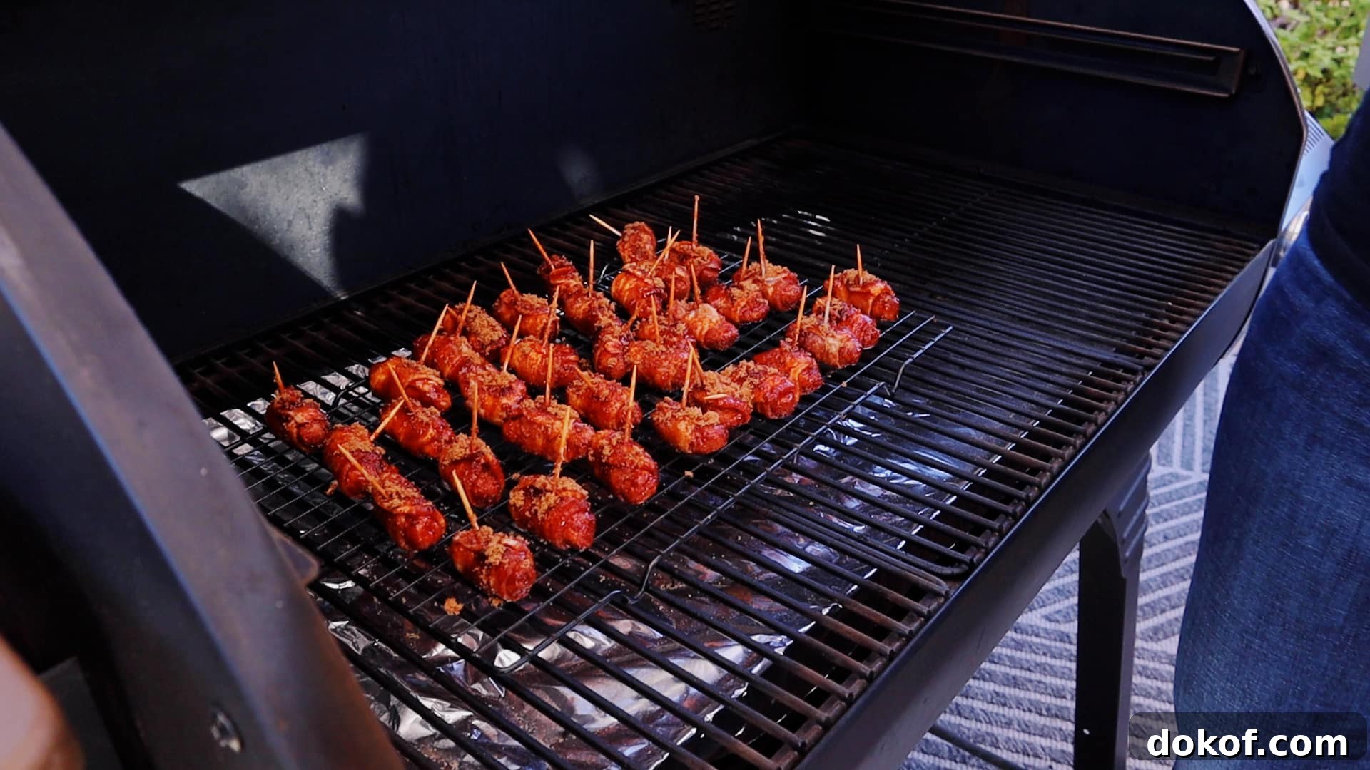 Little smokies on the grill grates of a smoker.