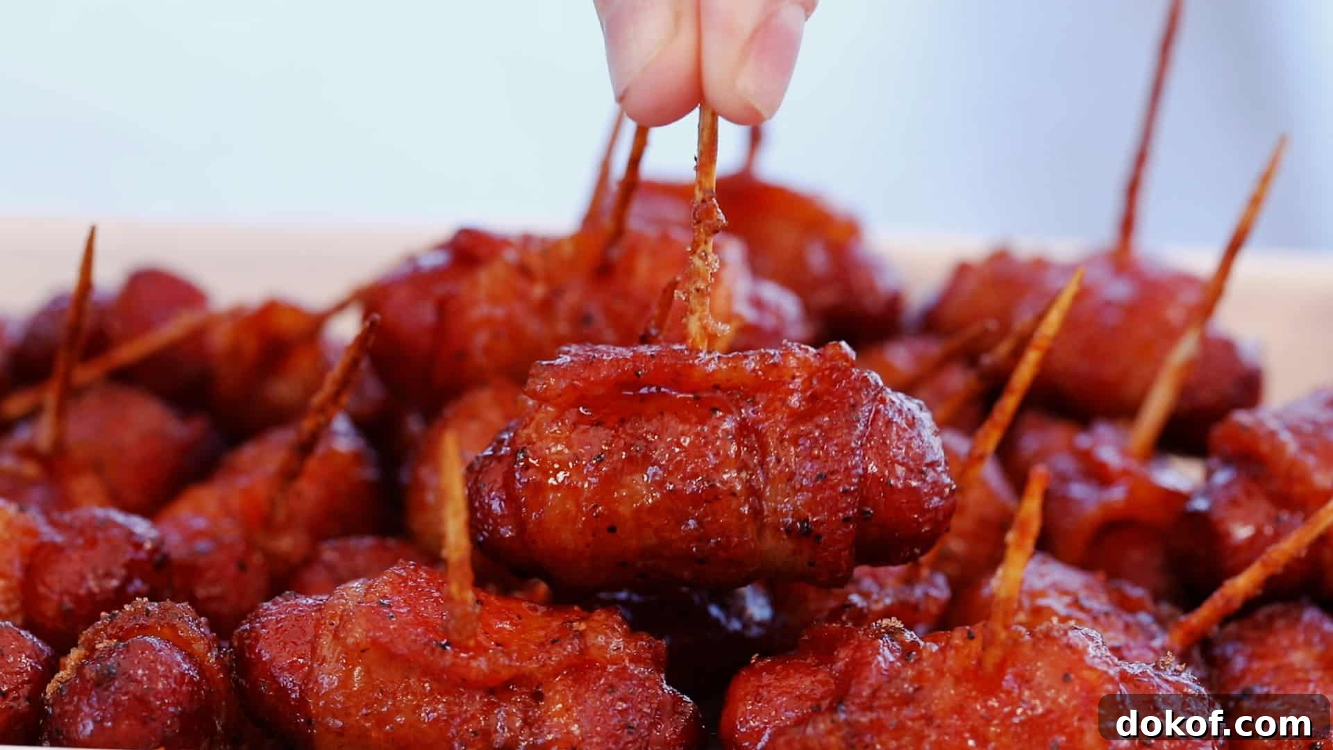 Smoked bacon wrapped little smokies on a white rectangular serving dish.