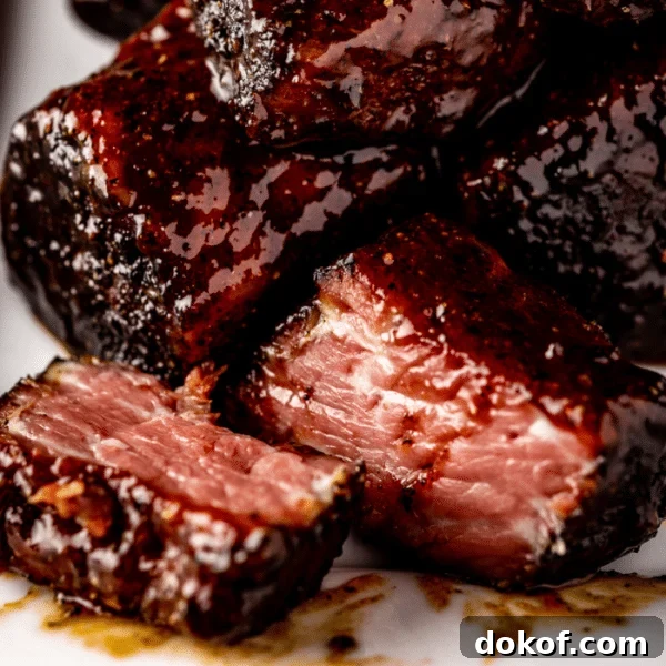 Steak bites piled on a white serving platter.