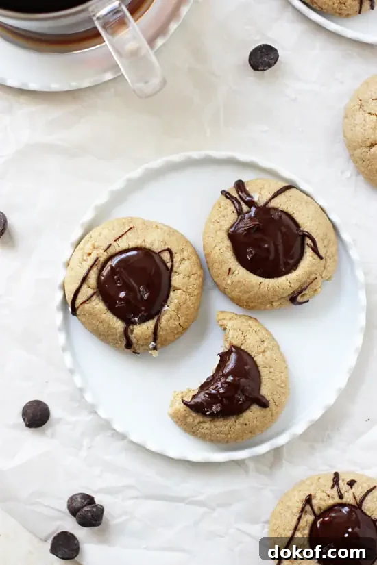 Three Chocolate Peanut Butter Thumbprint Cookies on a plate with a bite taken out of one.