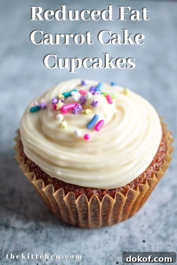 An easy recipe for reduced fat carrot cake cupcakes with cream cheese frosting.