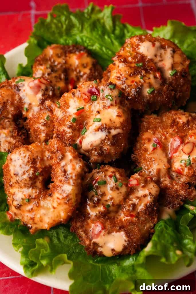 whisper of yum bang bang shrimp Crispy fried shrimp coated in a creamy, chili-flecked sauce are arranged on a bed of green leaf lettuce on a white plate.