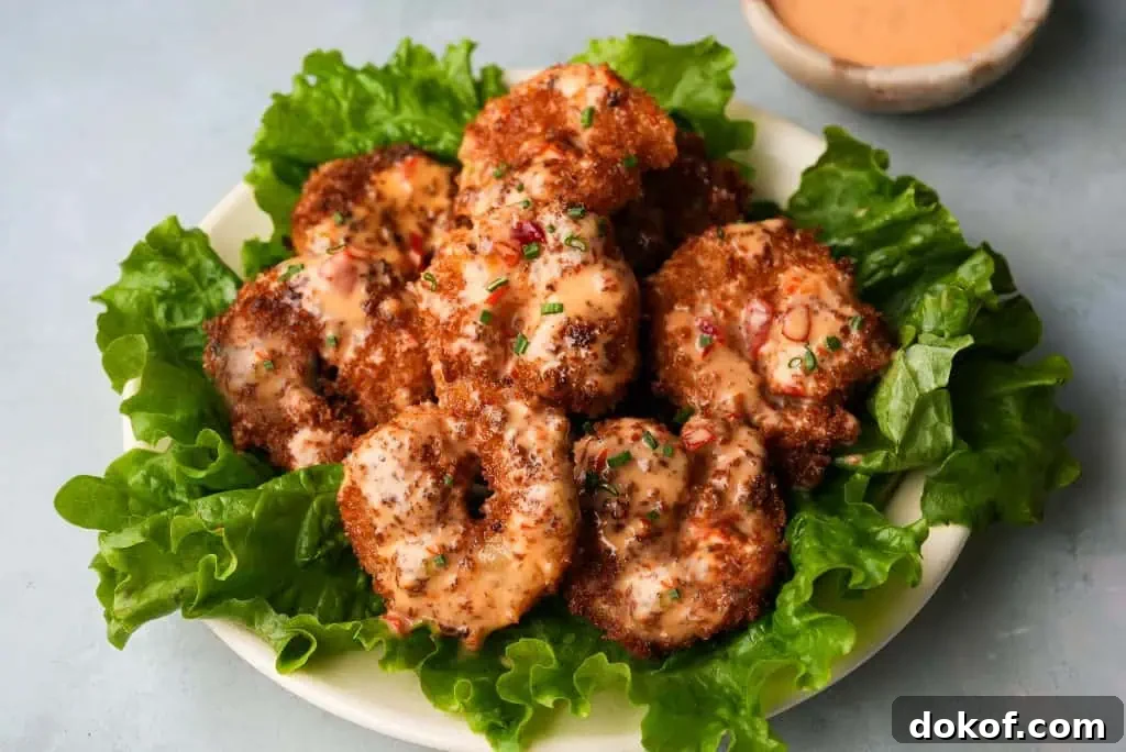 bang bang shrimp Golden, breaded shrimp drizzled with a pale orange sauce and sprinkled with herbs are served on lettuce with a small bowl of sauce in the background.