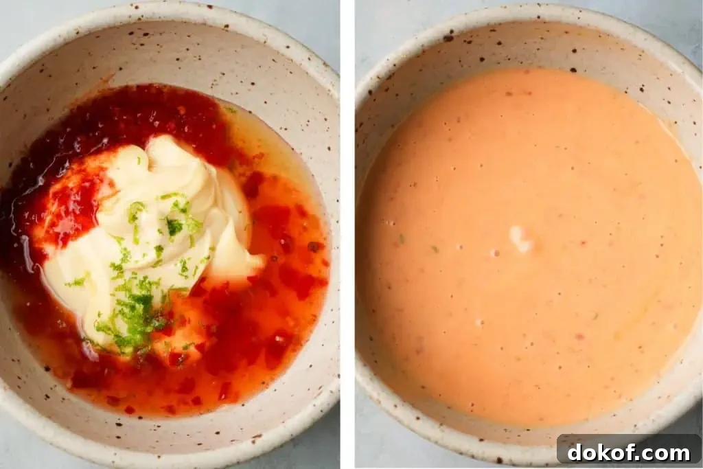 bang bang shrimp sauce Mayonnaise, sweet chili sauce, citrus juice, and zest are shown in a bowl before mixing, with distinct colors and textures visible.
