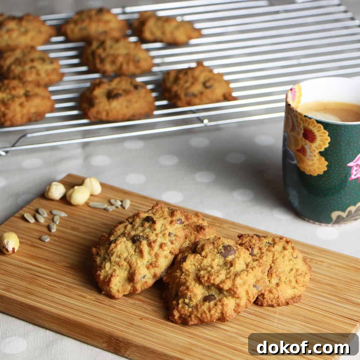 Photo of a chopping board with hazelnut choc-chip cookies on it and cup of coffee in the background with a cooking rack of more cookies behind.