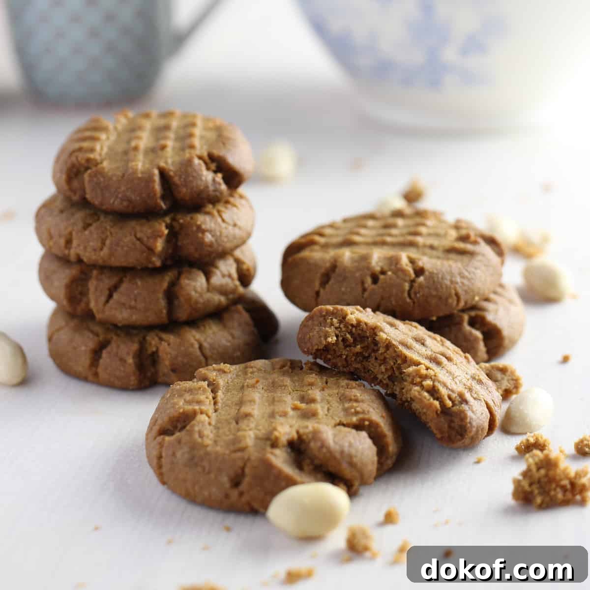 Photo showing piled up peanut butter cookies and one half eaten one