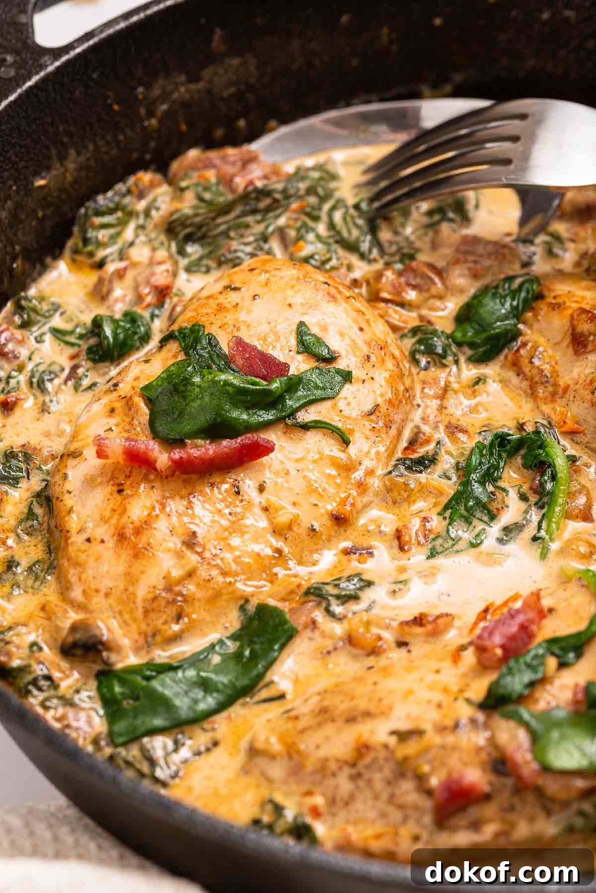 A pan with chicken, bacon, spinach and a creamy Tuscan sun-dried tomato sauce.