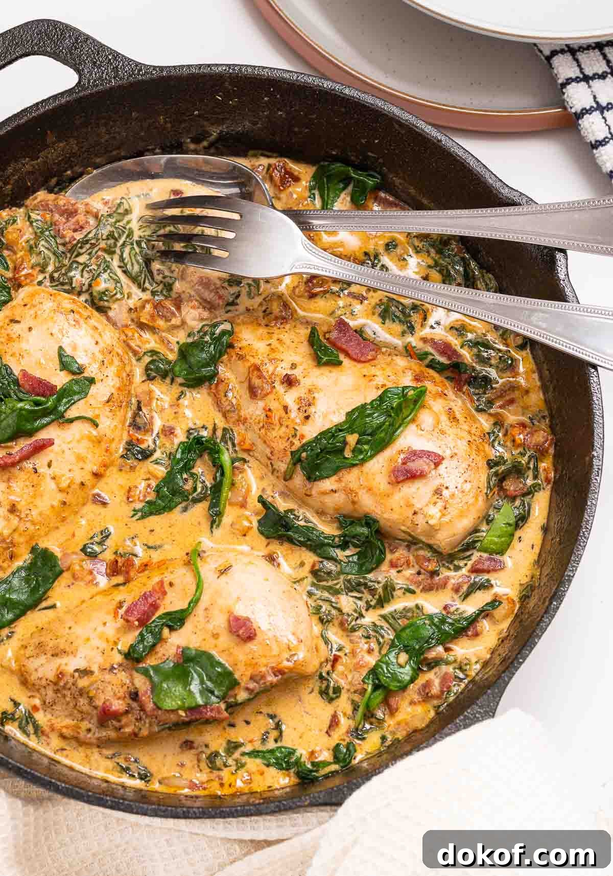 A pan with chicken, bacon, spinach and a creamy Tuscan sun-dried tomato sauce.