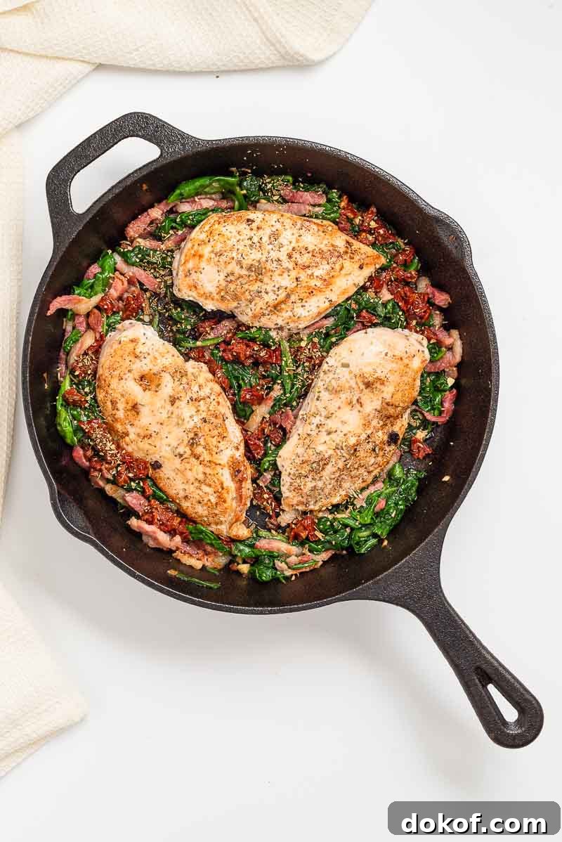 Adding back the chicken and bacon to the pan.