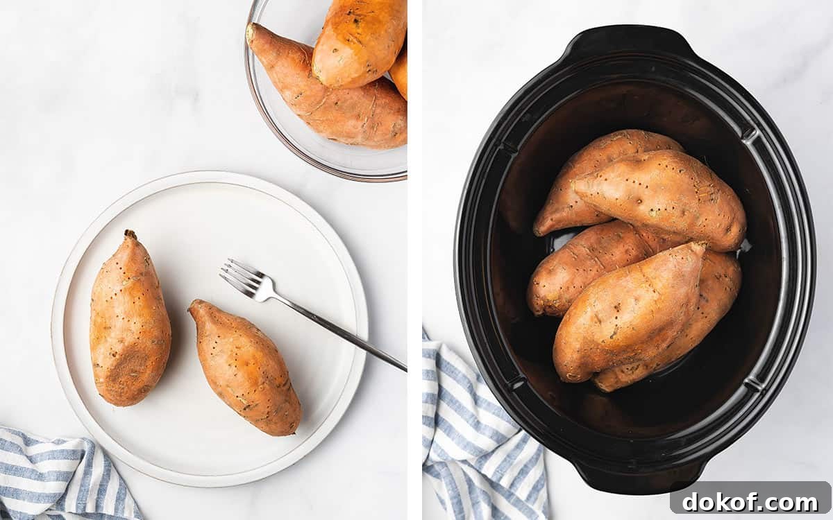 Tender Slow Cooker Sweet Potatoes for Simple Weeknight Meals 5 Sweet potatoes pricked with a fork and added to a crockpot.